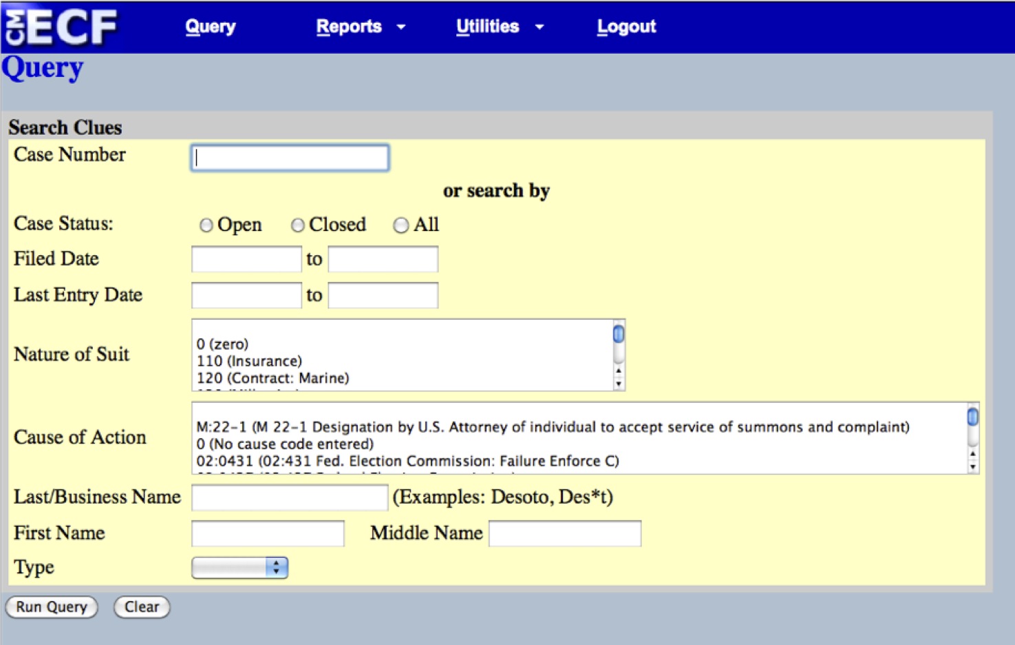 PACER search
interface